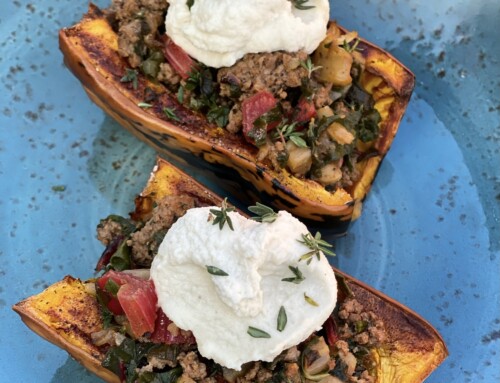 Honeyboat Delicata Squash with Bison and Almond Ricotta